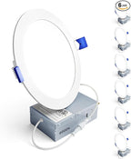 Ensenior 6 Pack 6 Inch LED Recessed Light, Dimmable, 6000K Clear White, 1200LM High Brightness, 12W 120V, Damp Rated, Ultra-Thin Canless Wafer Ceiling Light - ETL & FCC & IC