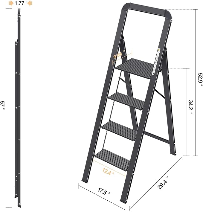 KINGRACK Aluminium 4 Step Ladder, Lightweight Step Stool with Non-Slip Pedals, Handrail, Foldable Step Ladder for Kitchen, Garage, Home, Space Saving, Sturdy and Portable, Black