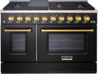 Akicon 48 Inch Freestanding Gas Range - 6.7 cu. ft. Double Rapid Convection Gas Oven - Gas Stove with 8 Sealed Burners & a Griddle, Heavy Duty Cast Iron Grates (Black & Gold)