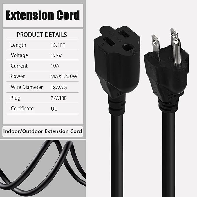 Black Heavy-Duty 13.1ft Indoor/Outdoor Extension Cord, 3 Prong 1250W 10A, Weather-Resistant Waterproof Power Cable with 3-Prong Grounded Plug, 18/3 SVT Wire, UL Listed