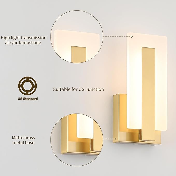 Joosenhouse Modern LED Wall Sconce Set of 2, Dimmable Hardwired Bathroom Vanity Light Indoor Wall Sconce for Hallway, Bedroom, Study, Living Room, 9.76 Inch Brass Wall Lights