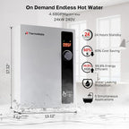 Tankless Water Heater Electric 24kW 208~240 Volt, ThermoMate On Demand Instant Endless Hot Water Heater, Digital Temperature Display for Residential Whole House Shower, 102A GRAY