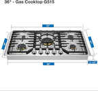 ROBAM 36" Gas Cooktop G515 with 5 Made in Italy Power Brass Burners, Built-in NG/LPG Convertible Gas Stove, Tri-Ring 20,000 BTUs Center Burner with Flame Failure Protection