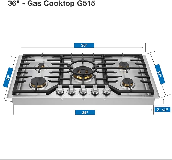 ROBAM 36" Gas Cooktop G515 with 5 Made in Italy Power Brass Burners, Built-in NG/LPG Convertible Gas Stove, Tri-Ring 20,000 BTUs Center Burner with Flame Failure Protection