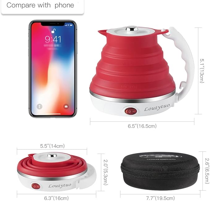 Ultrathin Upgraded Food Grade Silicone Travel Foldable Electric Kettle Boil Dry Protection Portable with Dual Voltage and Separable Power Cord,555ML 110-220V US Plug
