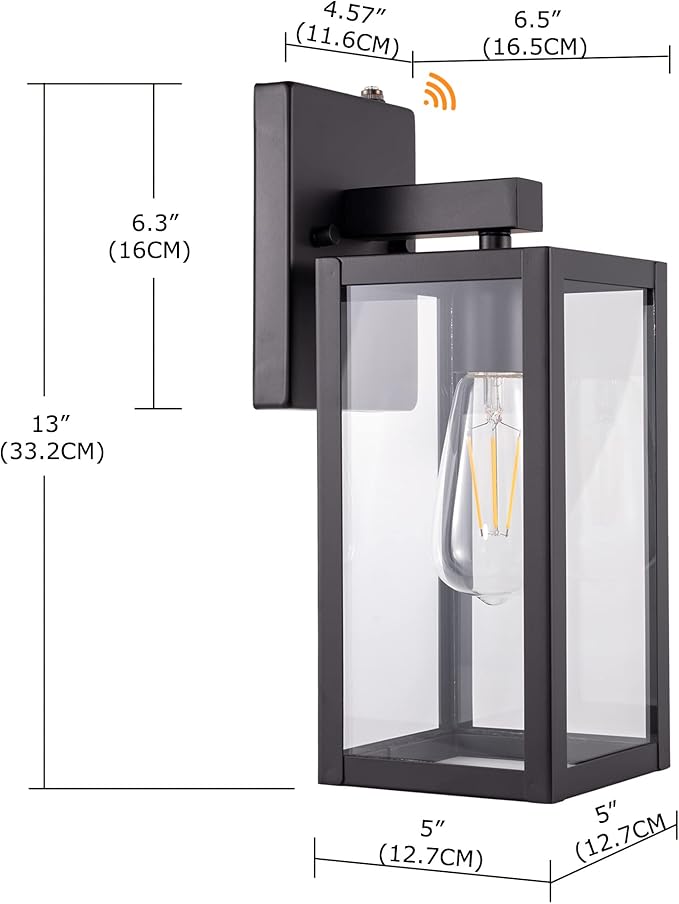 GRUENLICH Dusk to Dawn Large Outdoor Wall Lantern, Wall Sconce as Porch Lighting Fixture, E26 Base Max 60W, Metal Housing with Glass Shade (Black, 1-Pack)