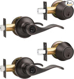 Gobrico Oil Rubbed Bronze Keyed-Alike Door Levers and Single Cylinder Deadbolts Combination Locksets, 2 Pack Front/Entry Handleset with Same Key, Reversible Wave Handles for Exterior Doors
