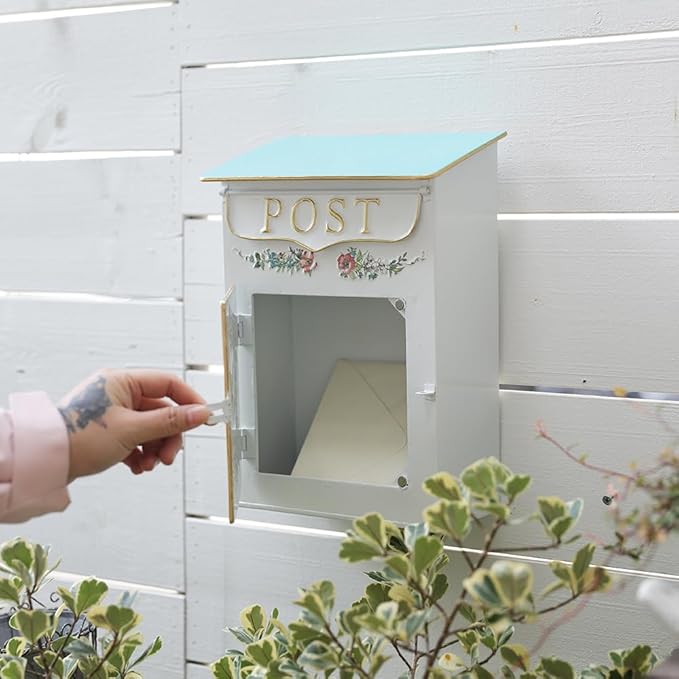 Mailbox Wall Mount Mailboxes for Outside Vintage Mail Boxes for House Outside Metal Drop Box Antique Style Nostalgic Charm Home Decorative, Butterfly Pattern, White