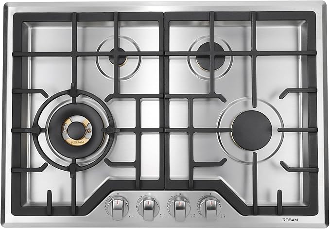 ROBAM 30" Gas Cooktop G413 with 4 Made in Italy Brass Burners, Built-in NG/LPG Convertible Gas Stove, 20,000 BTUs Power Burner, Flameout Protection