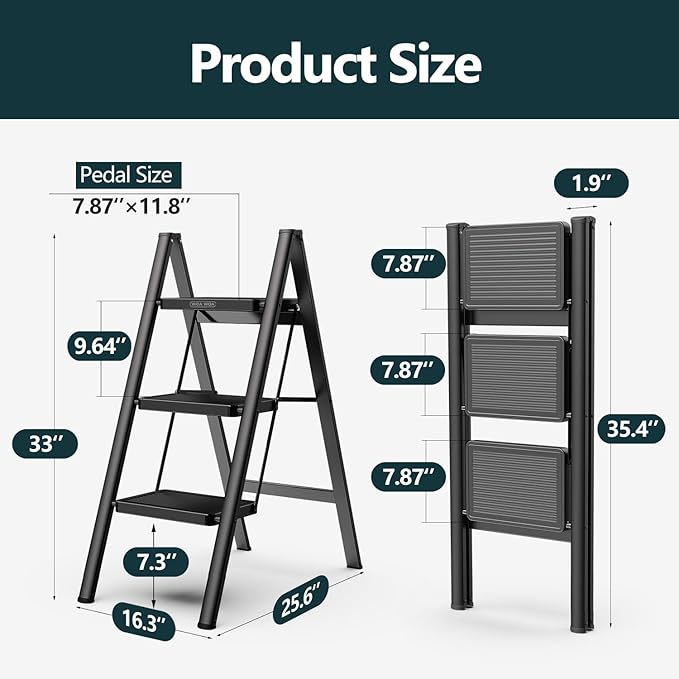 WOA WOA 3 Step Ladder, Folding Step Stool with Non-Slip Pedals, Portable Stepping Stool for Adults, Sturdy Steel Ladder, Space Saving for Home, Anti Skid Feet, Support 330lbs - Black