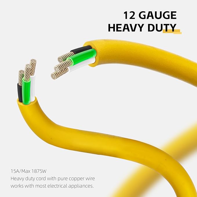30 Ft Outdoor Extension Cord - 12/3 SJTW Heavy Duty Yellow Extension Cable with 3 Prong Grounded Plug - Power Cord for Lawn, Garden, Appliances