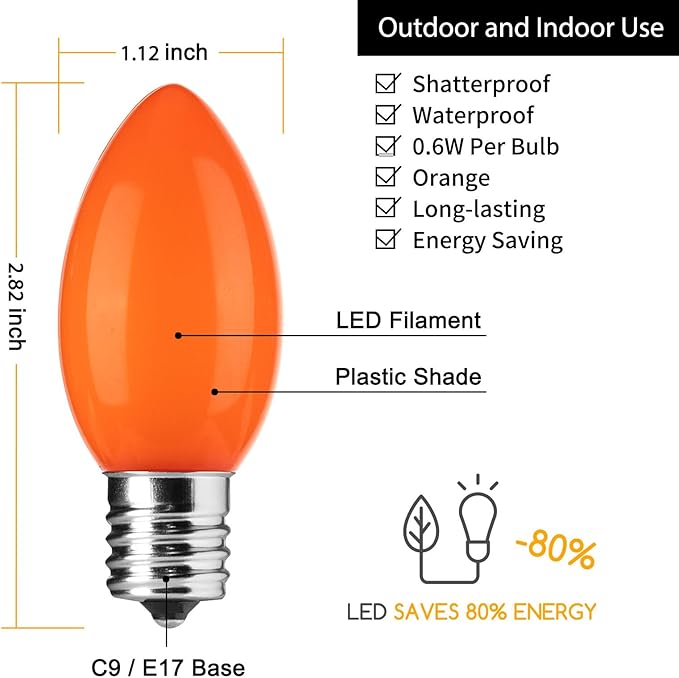 Brightown 25 Pack Orange C9 LED Christmas Light Bulbs, Orange Plastic C9 Shatterproof LED Bulbs Replacement for Halloween String Lights, E17 Intermediate Base, Commercial Dimmable Holiday Bulbs