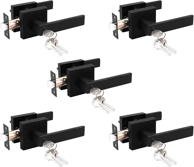 Probrico 5 Pack Entry Door Lever with Lock and Key,Entrance Door Handles for Office and Front Door,Matte Black Door Knobs Keyed Alike Same Key Lockset (Each with 3 Keys)
