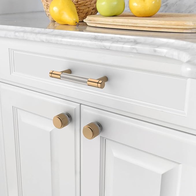 Amerdeco 10 Pack Champagne Bronze and Brushed Nickel Knurled Cabinet Pulls 3 Inch Hole Center to Hole Center Kitchen Cabinet Handles for Drawer Dresser, Cupboard and Wardrobe ZH0040