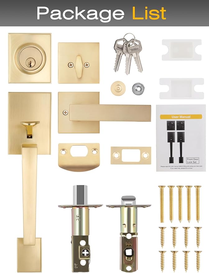 2 Sets Entry Door Handle and Single Cylinder Deadbolt Lock and Key Combo Pack - Heavy Duty Square Locking Lever Set - Interior/Exterior Door Levers in Satin Brass Finish