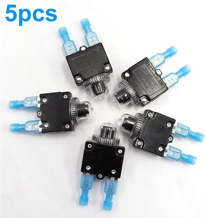 mxuteuk 5Pcs 20Amp Circuit Breakers Push Button Manual Reset 125/250V AC 32V DC,Overload Protector Switch Thermal Circuit Breakers with Quick Connect Terminals and Waterproof Button Caps ST1-5-20A