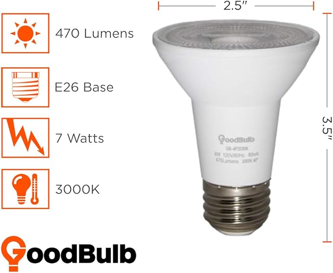 GoodBulb LED PAR20 Light Bulbs | 7 Watt (40 Watt Equivalent) | E26 Base | Warm White 3000K | EcoSmart Lights | High Output 470 Lumens | 4 Pack