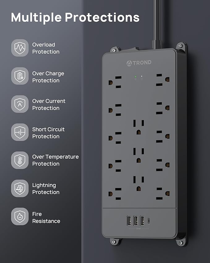 TROND Surge Protector Power Strip, 4000 Joules, ETL Listed, 13 Widely-Spaced Outlets Expansion with USB C Ports, Low-Profile Flat Plug, Wall Mountable, 5ft Extension Cord, 14AWG Heavy Duty, Black