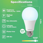 LED Light Bulbs, 100 Watt Equivalent LED Bulbs A19, 5000K Daylight Light Bulbs, 1500 Lumens, E26 Standard Base, Non-Dimmable, 13W Bright White LED Bulbs for Bedroom Home Office, 6 Pack