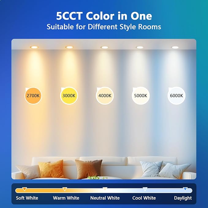 LVWIT LED Recessed Light 6inch, 5CCT Can Lighting with White Cover, Color Selectable Dimmable Downlight with E26 Conversion Kit, 2 Pack