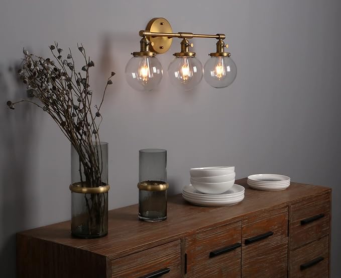 Phansthy 3-Light Wall Sconces Antique Brass Vanity Light, Industrial Wall Lamps with On Off Switch and Clear Glass Lampshade, Vintage Wall Lighting for Bathroom Living Room (Antique, Globe Shade)