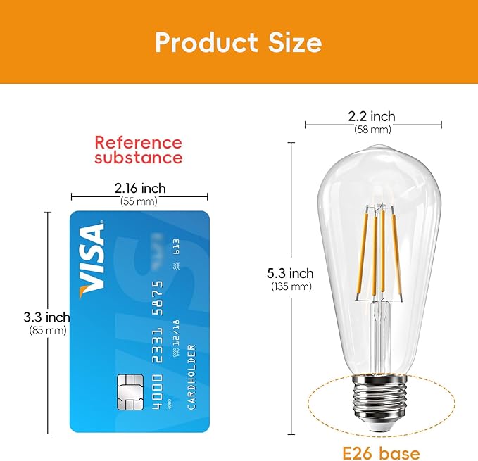 Jensense Edison LED Light Bulbs 8Watt Dimmable, 2700K Warm White, E26 Base, 60watt Equivalent, Vintage Bulbs 800lm CRI 90 Clear Glass, 64 Pack