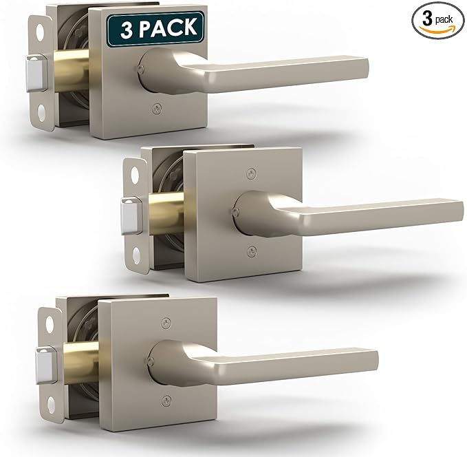 Mega Handles Prime Privacy Door Handle - 3 Pack Reversible Brushed Nickel Door Handles, Heavy Duty Bed & Bath Door Handles with Privacy Door Lock, Fits All Standard Doors - Satin Nickel
