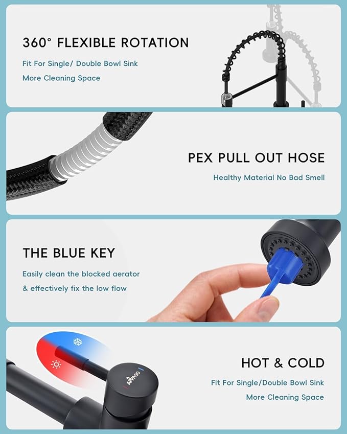 APPASO Black Kitchen Faucet with Soap Dispenser and Pull Down Sprayer, SUS304 Stainless Steel Commercial Single-Handle Spring Faucet for Kitchen Sink, Matte Black