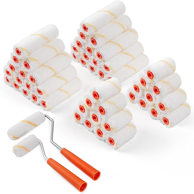 50 Pack Microfiber Paint Roller, 2 Inch and 4 Inch Small Paint Roller Covers, 3/8 Inch Nap, Mini Paint Rollers for House Painting with Paint Roller Frame, Wall Painting Tool