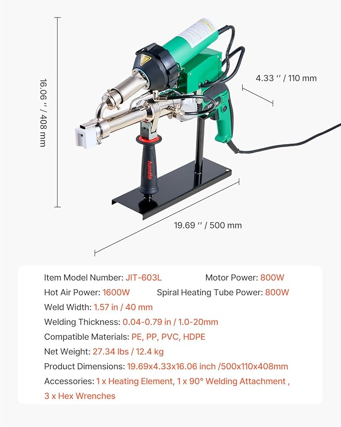 VEVOR Handheld Plastic Welding Extruder, 800W Hitachi Motor Extrusion Welding Gun - 0.79 in Weld Width & 360° Nozzle, Dual Heating System PP PE PVC HDPE Extrusion Welder for Membrane Pipe Plate