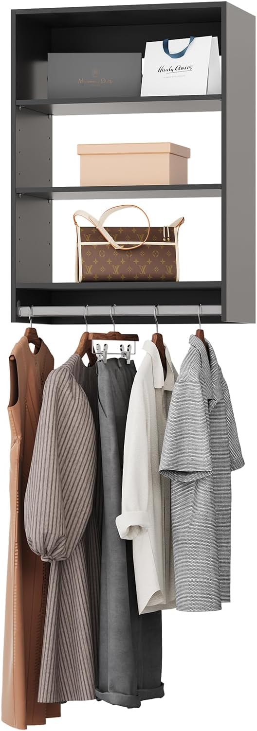 ROOMTEC 31.5" Medium Hanging Closet Unit, Modular Closet System with Hanging Rod, Wardrobe Organizer for Bedroom or Walk-in Closet, Wall Mounted, Customizable Clothes Storage Unit, Black