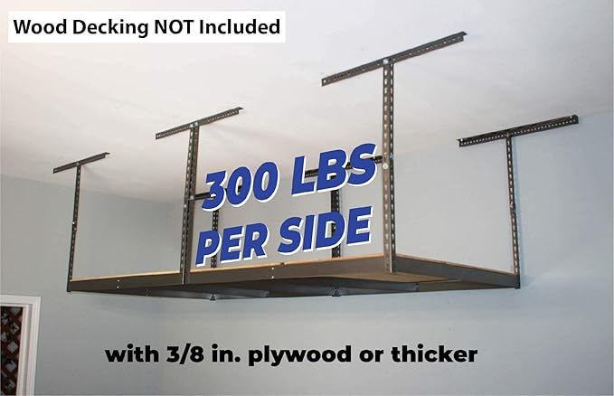 MonsterRax 4x8 Overhead Garage Storage Rack Frame Kit - Hanging Storage Shelves, Ceiling Storage Rack System, Overhead Garage Organizers And Storage, Ceiling Shelving - (Hammertone, 12"-21")