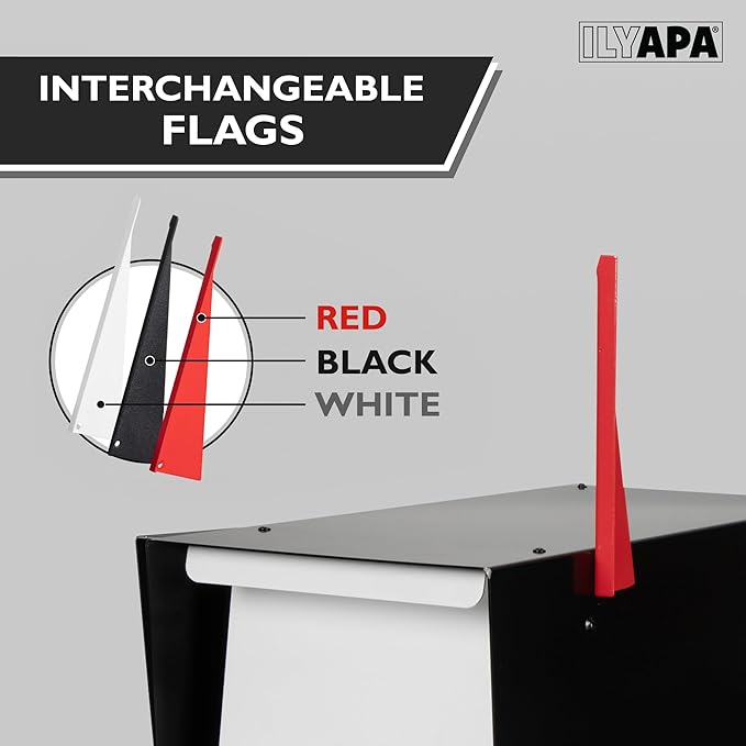 Ilyapa Modern Mailbox for Post Mount - Black with White Door Powder Coated Steel, Waterproof Letter Box for Parcels, with Recessed Magnetic Close Door