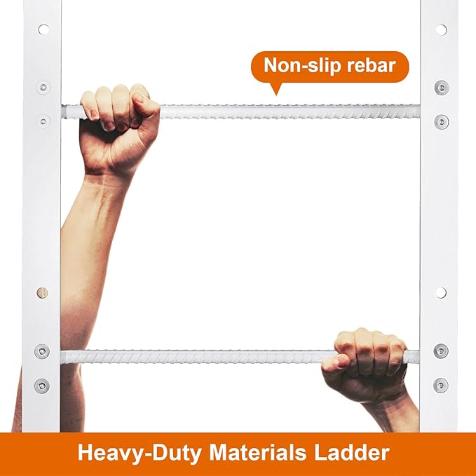 4-Rung Window Well Ladder Hooked, Heavy Duty Steel Fire Escape, Powder-Coated Basement Egress Wall Mounted, 45.2" Lx17.9 W, White