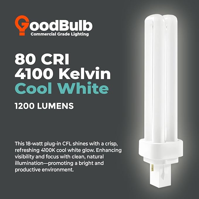 GoodBulb 18 Watt CFL Light Bulbs 2 Pin G24D-2 Base 4100K Cool White 18W High Output 1200 Lumens Double Tube Compact Fluorescent Light Bulbs Plug-in 10 Pack