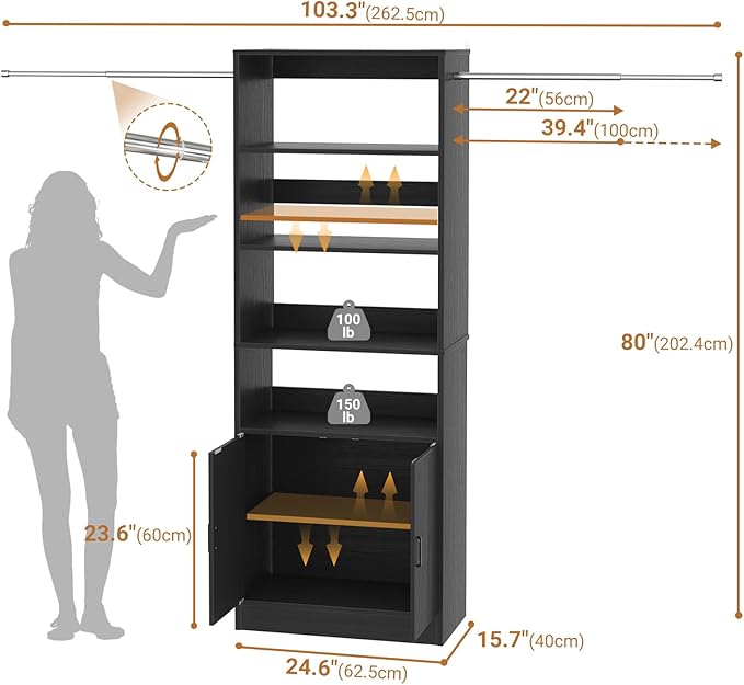 8FT Closet System, 96 Inch Closet Organizer System with Hanging Rods, Heavy Duty Clothing Rack with Cabinet, Walk In Mounted Closet System, Built-In Clothes Garment Rack, Black