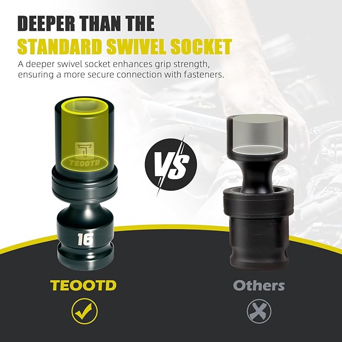 16 PCS 1/2" Drive Swivel Socket Set, Impact Swivel Socket Set, Universal Impact Socket Set, Wobble Socket, 6-Point, Metric, 10-22mm, CR-MO, with Extension Bars and Adapter