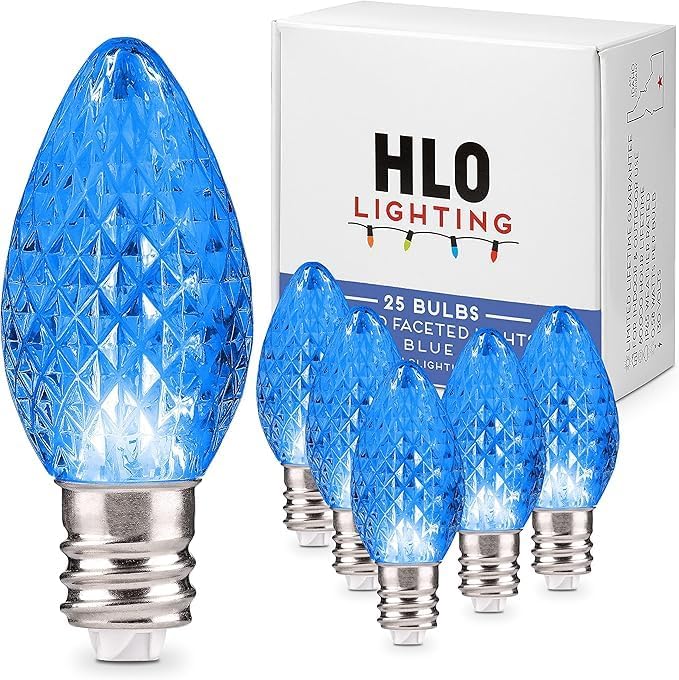 Holiday Lighting Outlet Faceted C7 Christmas Lights | Blue LED Light Bulbs Holiday Decoration | Warm Christmas Decor for Indoor & Outdoor Use | 2 SMD LEDs in Each Light Bulb | Set of 25