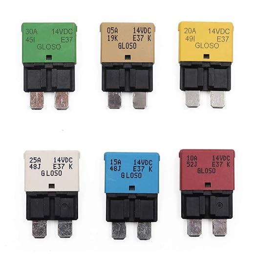 E37 Auto (T1) Reset Low Profile ATC/ATO Fuse Circuit Breakers - 12V DC 5A 10A 15A 20A 25A 30A, UL-Rated Certified (6-Pack Mixed)