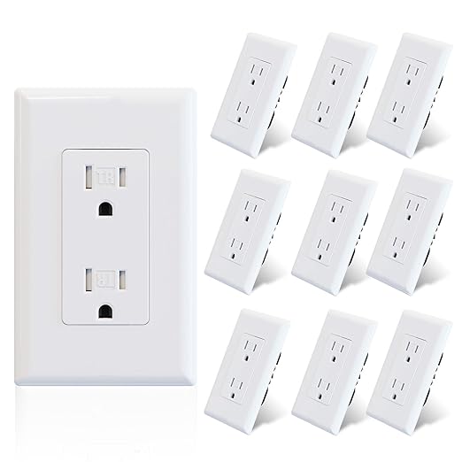 ELEGRP Decorator Wall Receptacle Outlet, Tamper Resistant 15A 125V Standard Electrical Wall Outlet, Residential Grade, Self-grounding, with Screwless Wall Plate, UL (10 Pack, Glossy White)