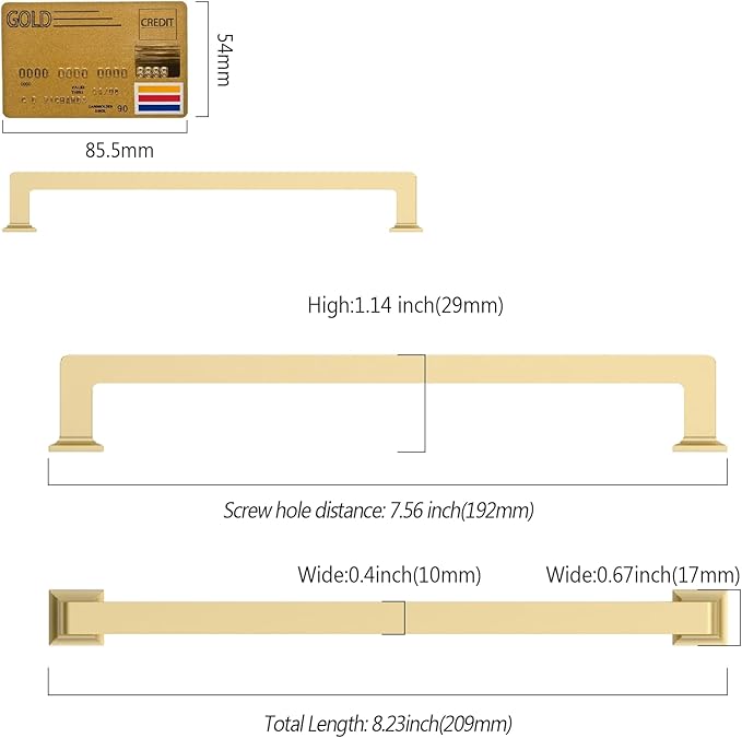 10 Pack 7.5"(192mm) Brushed Gold Cabinet Pulls Kitchen Cabinet Handles Gold Drawer Pulls Cupboard Hardware for Cabinets