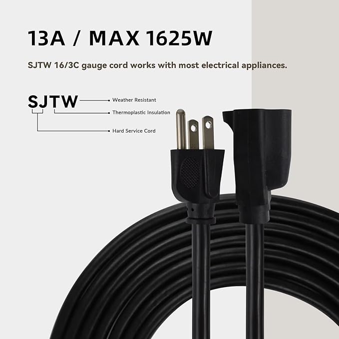 10ft Outdoor Extension Cord - 16/3 Heavy Duty SJTW Waterproof Black Electrical Cable with 3 Prong Grounded Plug for Safety, Great for Lawn and Major Appliances