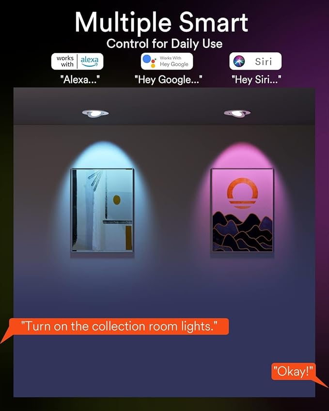 Lumary Smart Gimbal Recessed Lighting 4 Inch, 360°&90° Adjustable COB Eyeball Ceiling Light, 7W 550lm RGBCW, Color Changing Canless LED Downlight, Compatible with Alexa/Google Assistant, ETL, 1 Pack