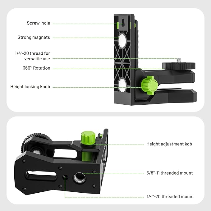 Huepar Fine-tuning Bracket for Line and Point Laser Levels, 1/4"-20 Male Thread L-Shape Magnetic Pivoting Base with 1/4"-20 and 5/8"-11 Female Threaded Mounts on Bottom for Wall & Ceiling Mount - PV12