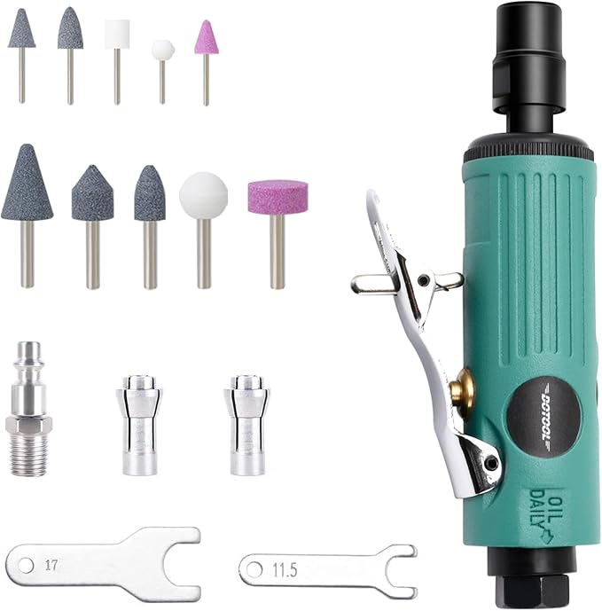 1/4" Air Die Grinder Kit Straight Pneumatic 22000 RPM Rear Exhaust Polisher with 1/4"(6MM) and 1/8"(3MM) Collets Mini and Compact Size, Polishing Tool