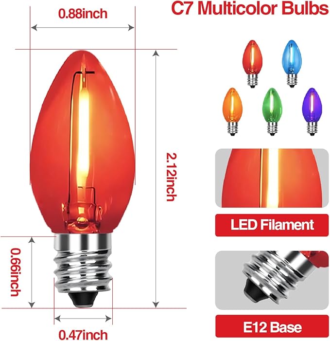 12Pack C7 Replacement Bulbs, Multicolor LED Christmas Light Bulbs for Outdoor String Lights, Patio Wedding Party Decor with E12 Candelabra Base
