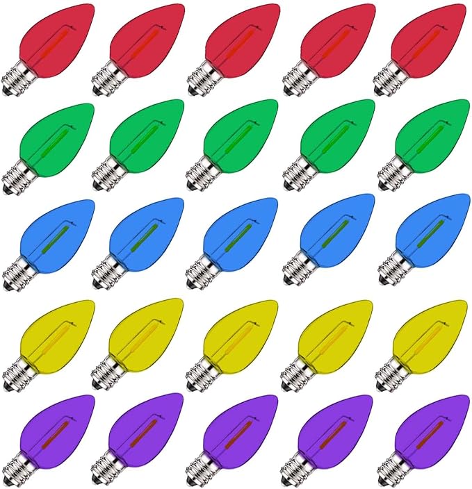 Jslinter 25Pack C7 LED String Light Bulbs, E12 Candelabra Base Christmas Replacement Bulbs for Holiday Decoration, Shatterproof, E12 Screw Base, Vintage Edison Bulbs for Patio Garden