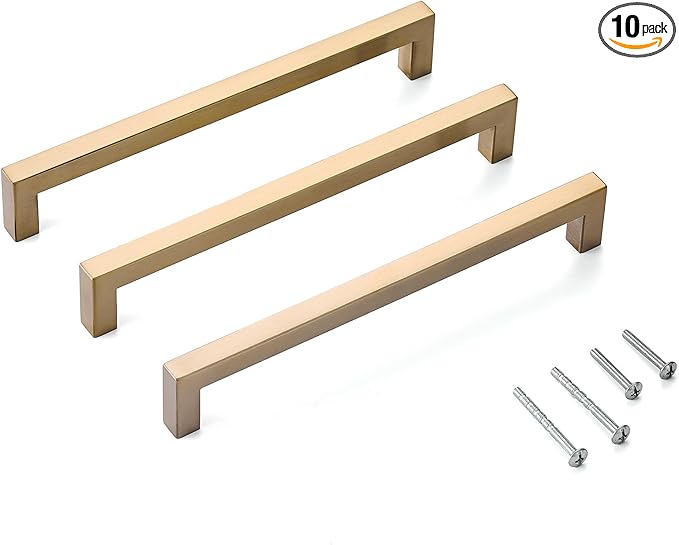 10 Pack 8 Inch Hole Center Champagne Cabinet Pulls Stainless Steel Square Drawer Handles for Bathroom Cupboard Pulls Modern Kitchen Cabinet Hardware