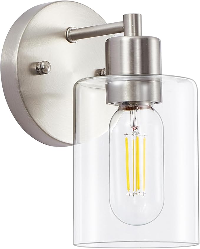 1-Light Bathroom Wall Sconce, Brushed Nickel Vanity Light, Modern Wall Light Fixture with Clear Glass Shade and Moisture and Rust Prevention, Wall Mount Light Fixtures for Mirror, Bedroom, Hallway