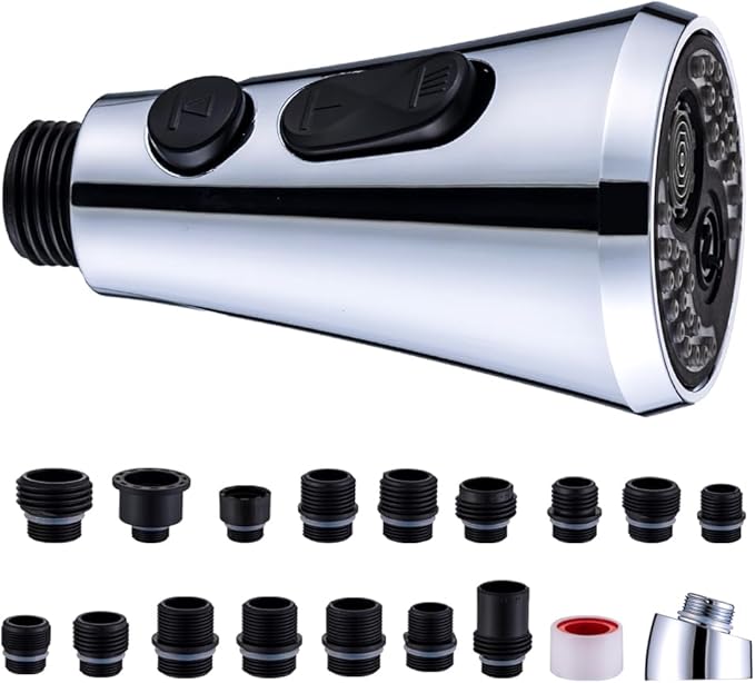 Universal Kitchen Faucet Replacement Pull Down Sprayer with 3-Spray Modes & 16 Adapters - Compatible with Moen, Kohler, and Delta and Sink Faucets (Chrome silver)